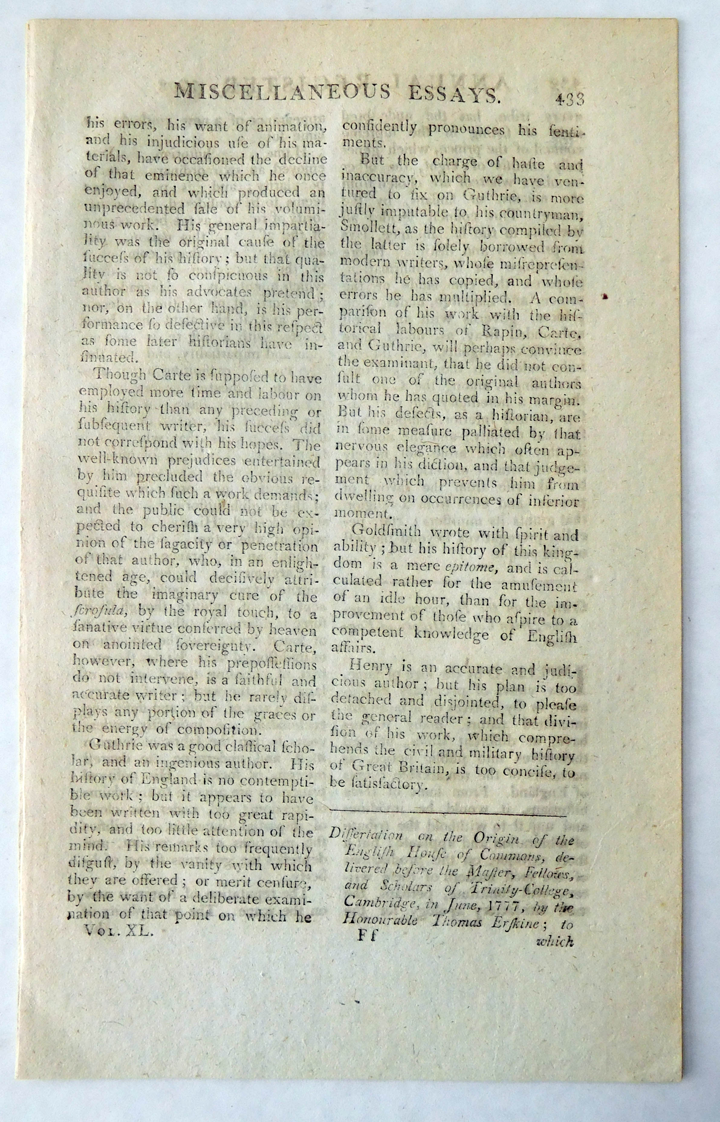 Erskine, Thomas - Dissertation on the Origin of the English House of Commons, delivered before the Master, Fellows, and Scholars of Trinity College, Cambridge, in June 1777 to which the first Prize of the Year was adjudged
