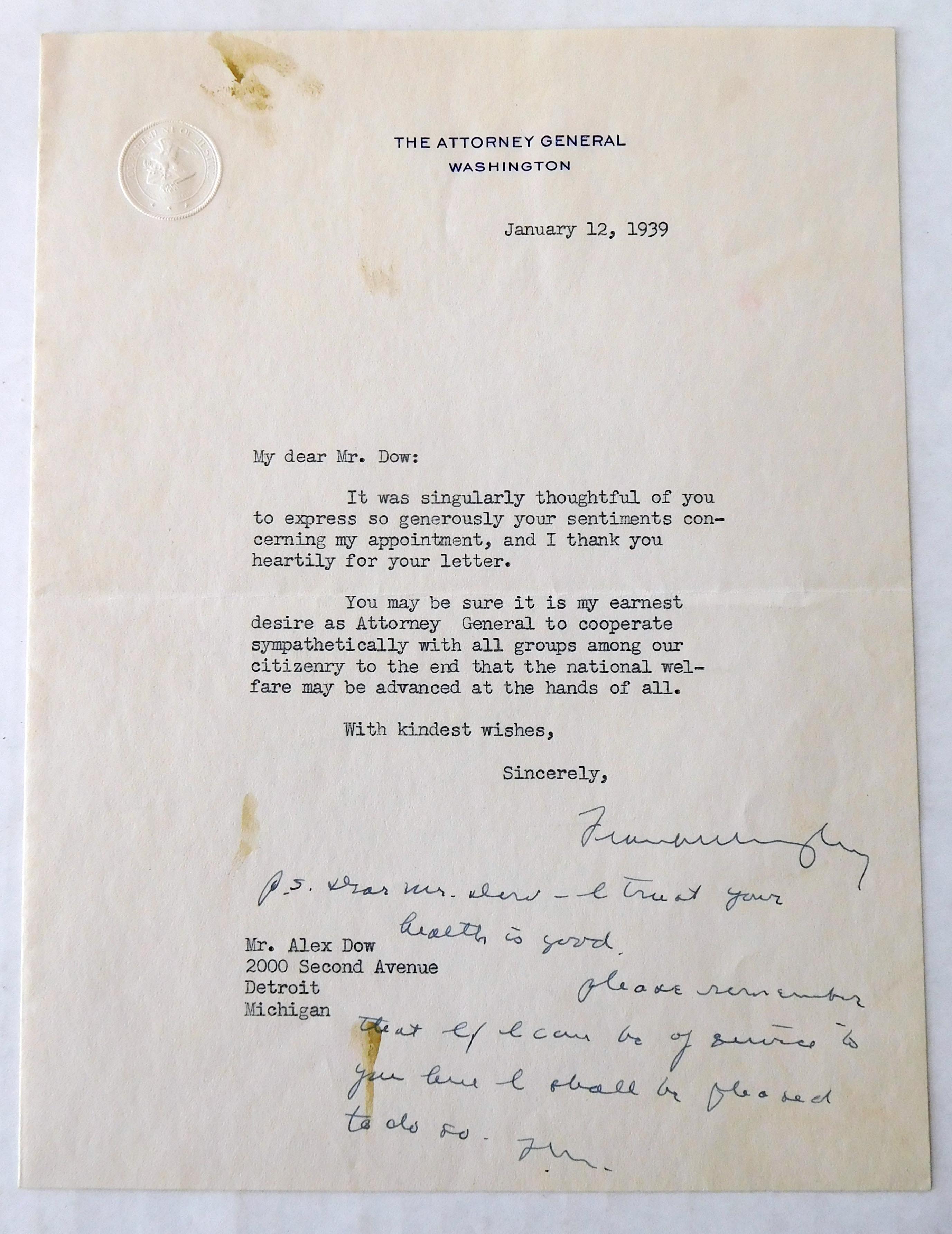 Murphy, Frank - Typed letter signed, a bifolium on The Attorney General Letterhead, Washington, with Murphy's additional personal remarks in his hand in blue ink, addressed to Alex Dow at 2000 Second Avenue in Detroit Michigan